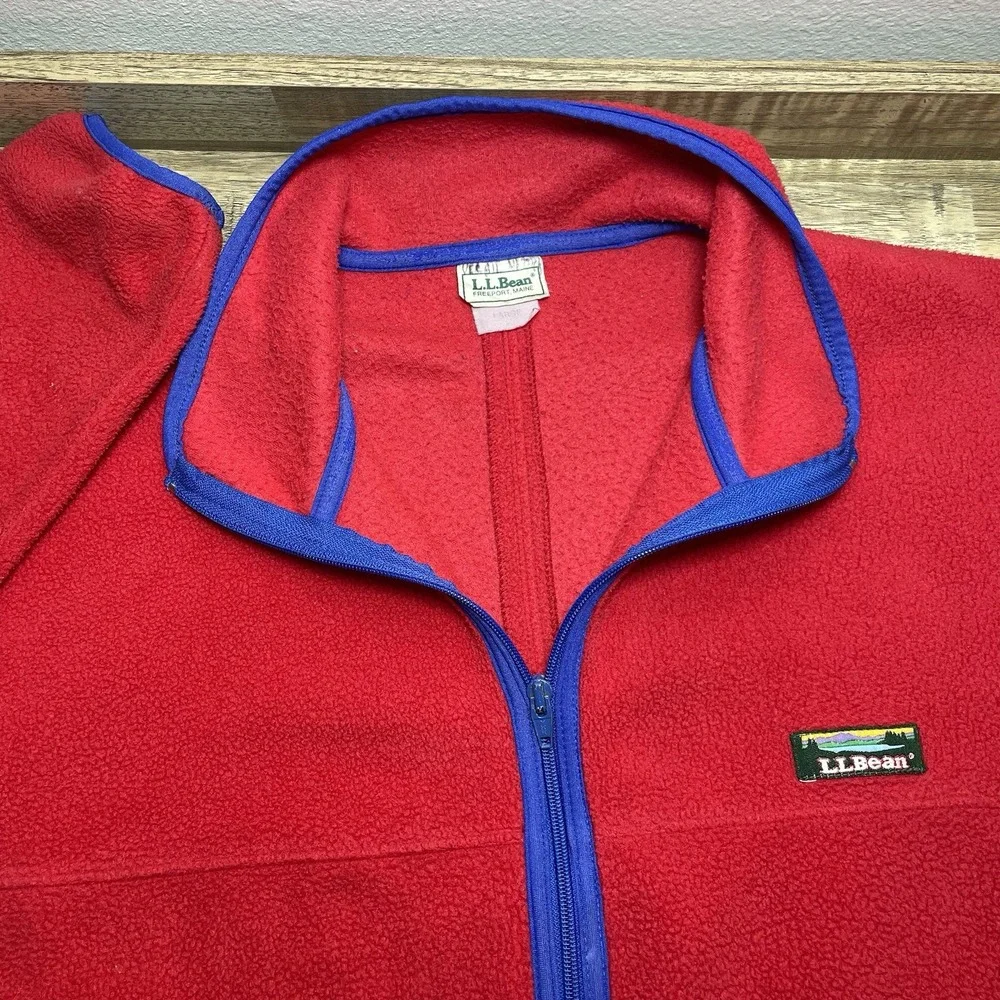 LL Bean Full Zip Fleece Jacket  Men Large Tall Red USA Pocket Retro Hike Outdoor